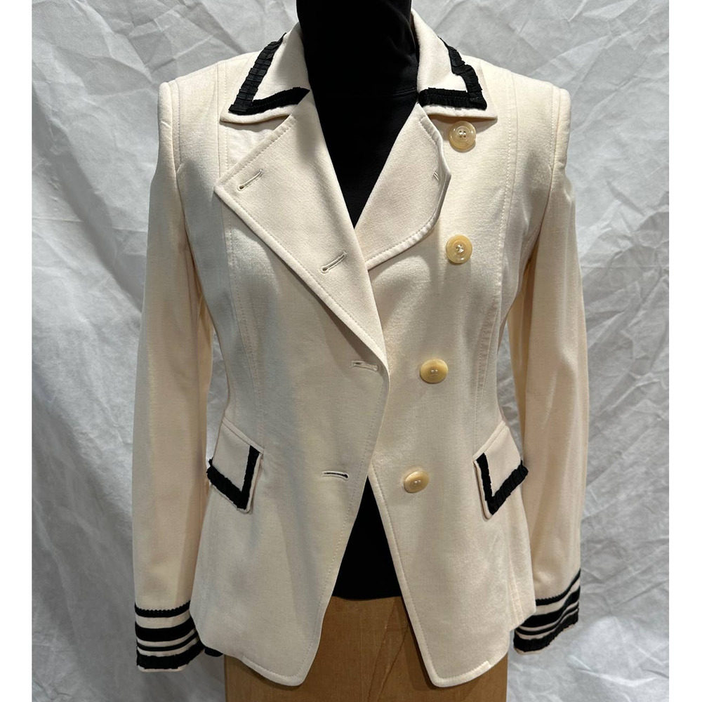 Vintage Feraud White Wool Blazer with Black Ribbon Trim - sz - 4